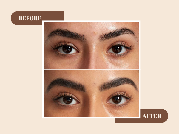 Before and after comparison of eyebrow grooming on a beige background