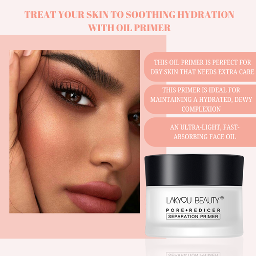 Advertisement for Lakyou Beauty oil primer with a close-up of a woman's face and product packaging.