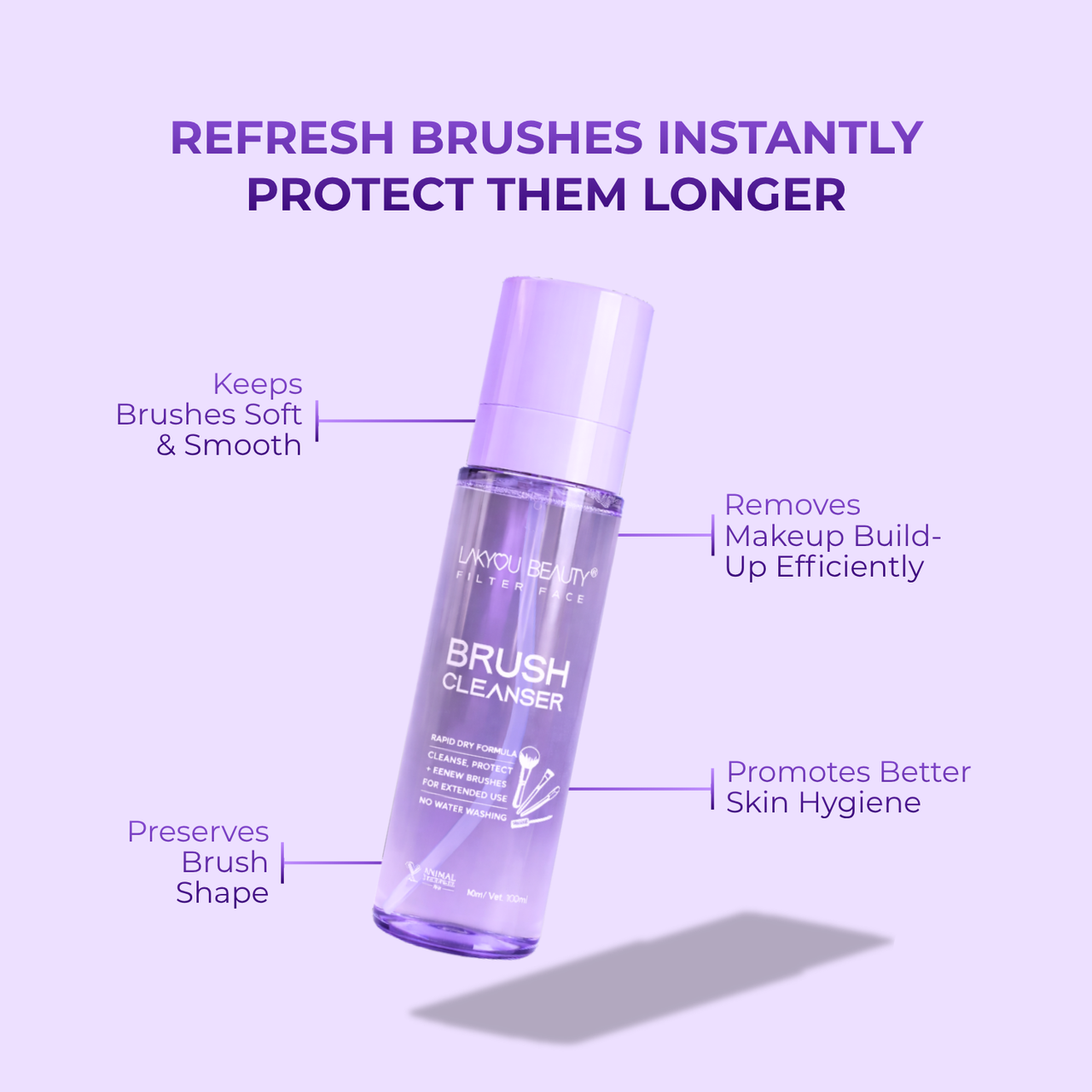 Purple brush cleanser bottle with text on a purple background