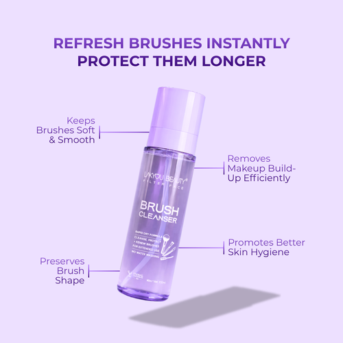Purple brush cleanser bottle with text on a purple background
