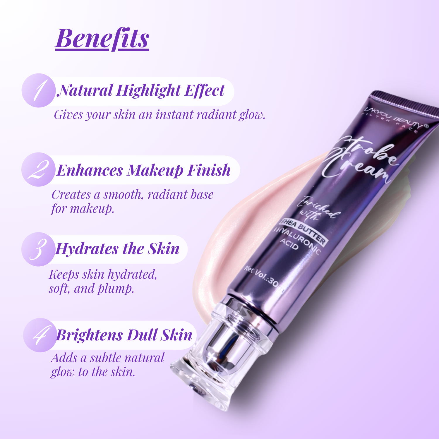 Tube of Strobe Cream with benefits listed on a purple background