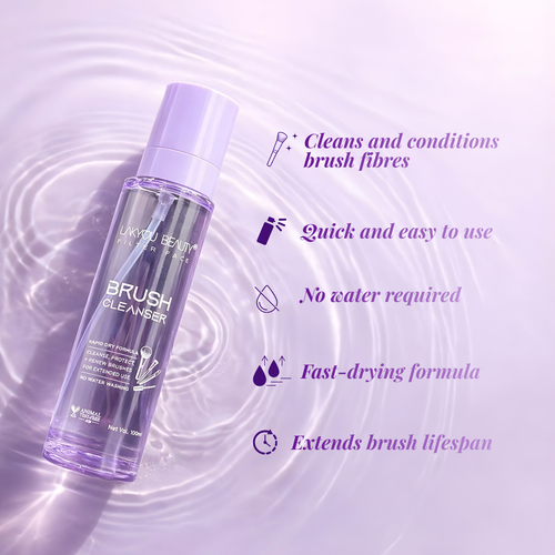 Lynxtyn Beauty Brush Cleanser bottle with features listed on a purple background