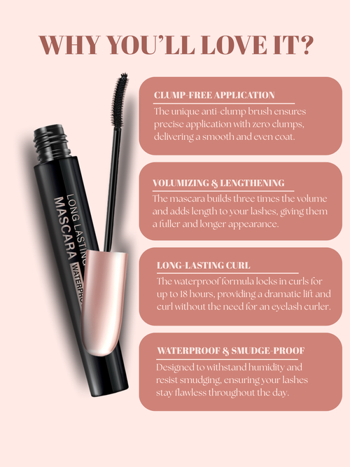 Mascara with features listed on a pink background