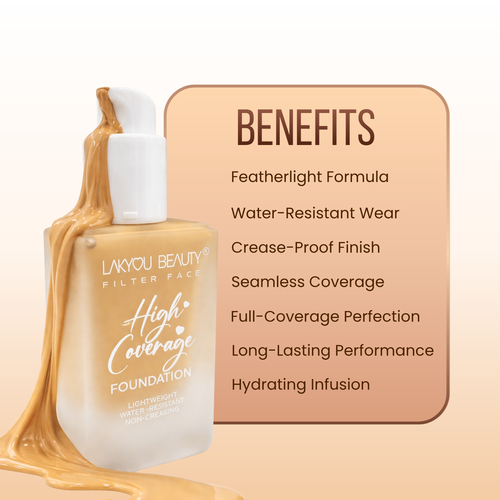Lakyou Beauty foundation bottle with benefits listed on a beige background