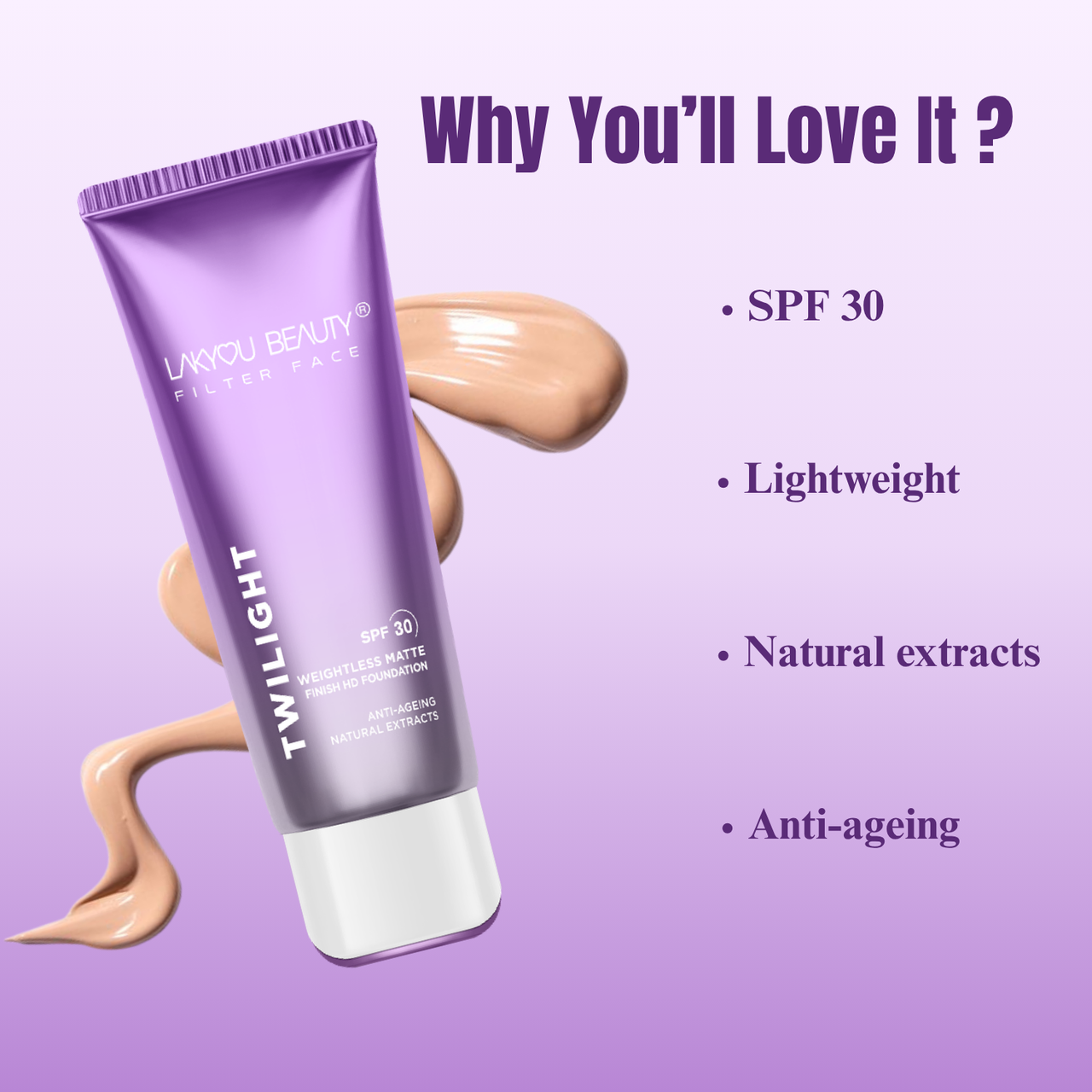 Lakyou Beauty - Filter Face Twilight Tube Foundation | Dewy Glow 24H Wear Soft-Matte Foundation