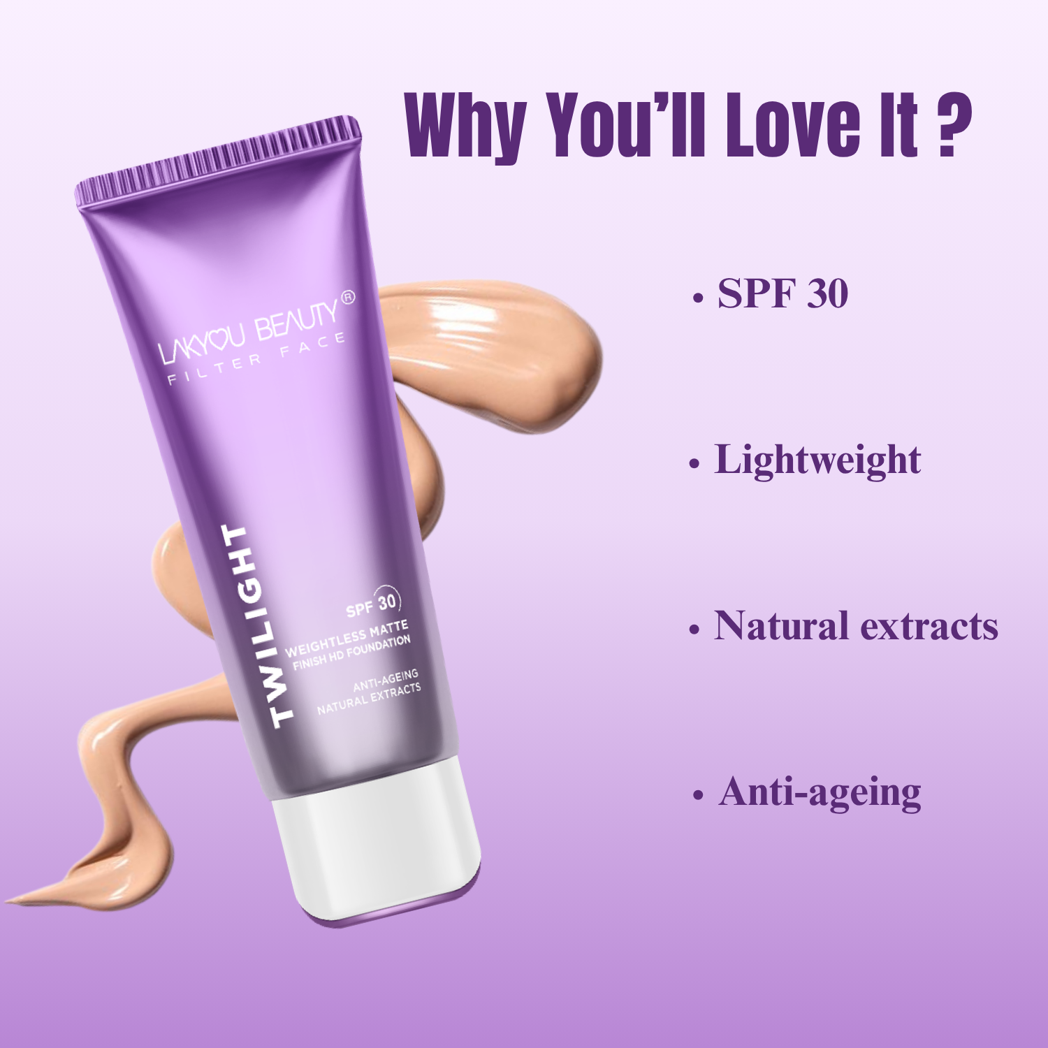 Lakyou Beauty - Filter Face Twilight Tube Foundation | Dewy Glow 24H Wear Soft-Matte Foundation