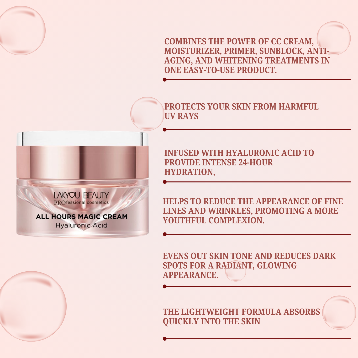 Lakyou Beauty All Hours Magic Cream jar with product features on a pink background
