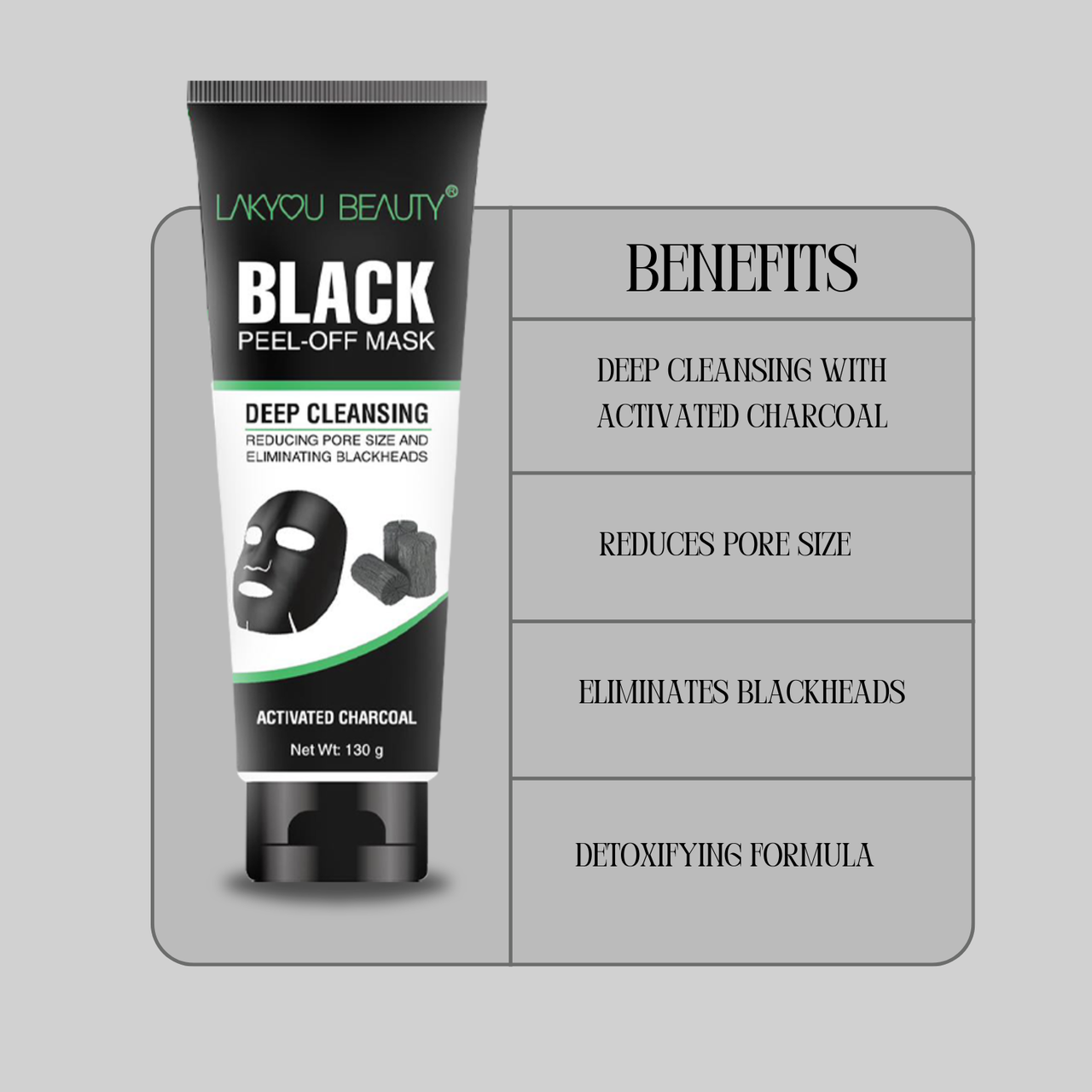Lakyou Beauty Black Peel-Off Mask with benefits listed on a gray background
