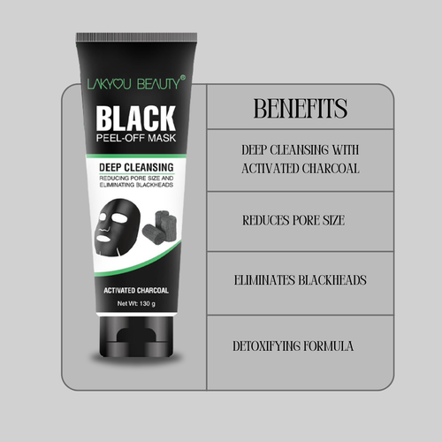 Lakyou Beauty Black Peel-Off Mask with benefits listed on a gray background