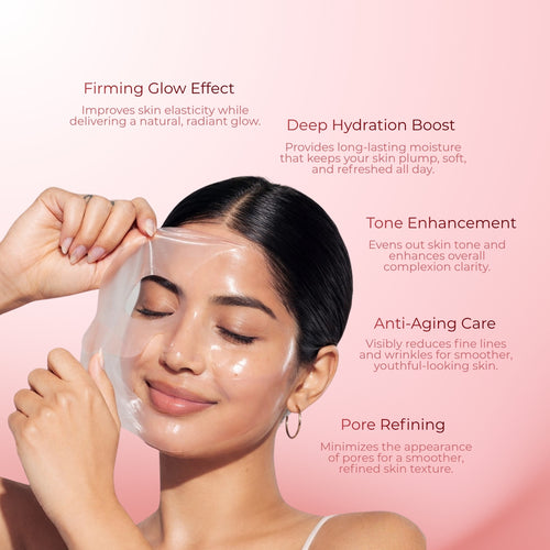 Woman applying a face mask with text highlighting skin care benefits on a pink background