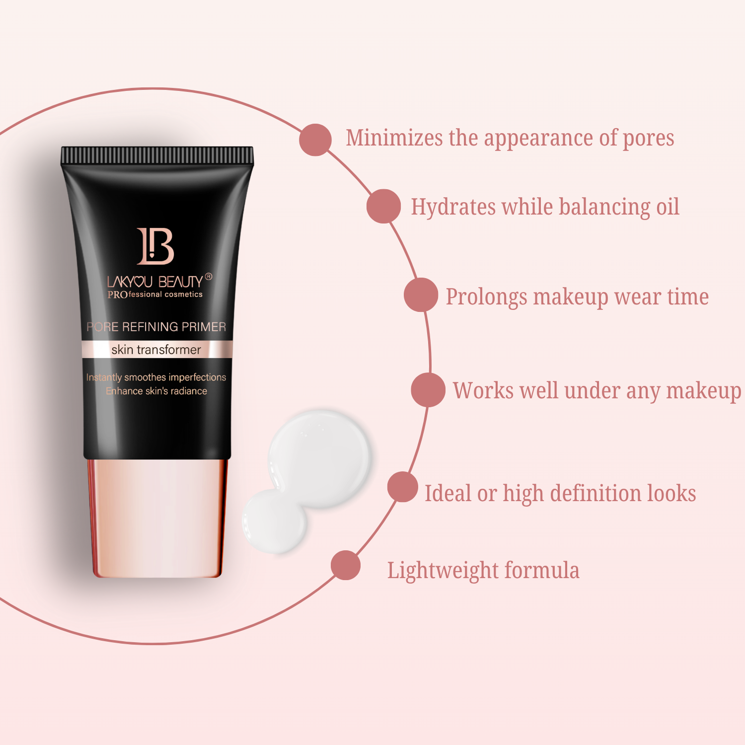 LAKOU BEAUTY primer tube with features on a pink background