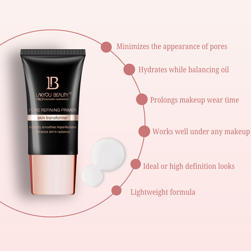 LAKOU BEAUTY primer tube with features on a pink background