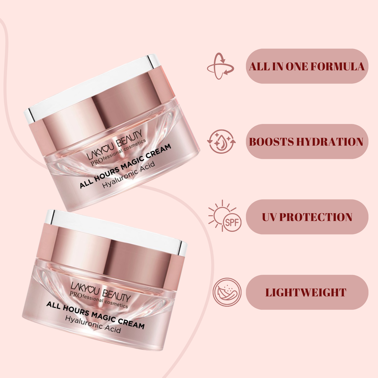 Two jars of 'Lakyou Beauty' All Hours Magic Cream on a pink background with product features listed.