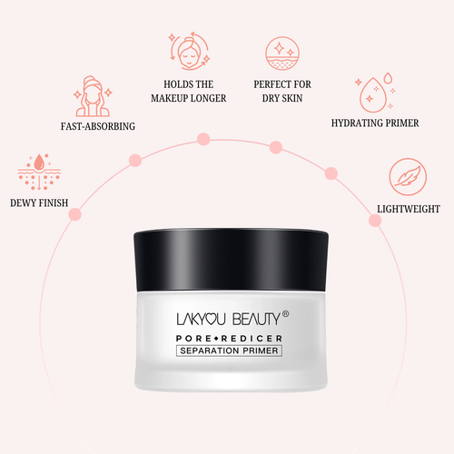 Lakyou Beauty Pore Reducer Separation Primer jar with features listed on a white background