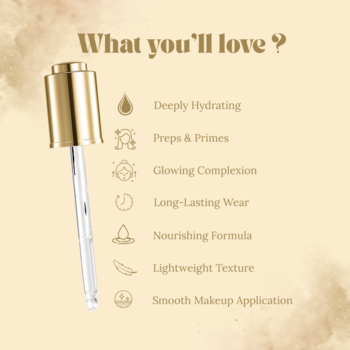 Gold dropper bottle with text listing features on a beige background