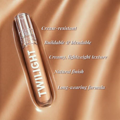Twilight makeup product on a brown background with text highlighting features.