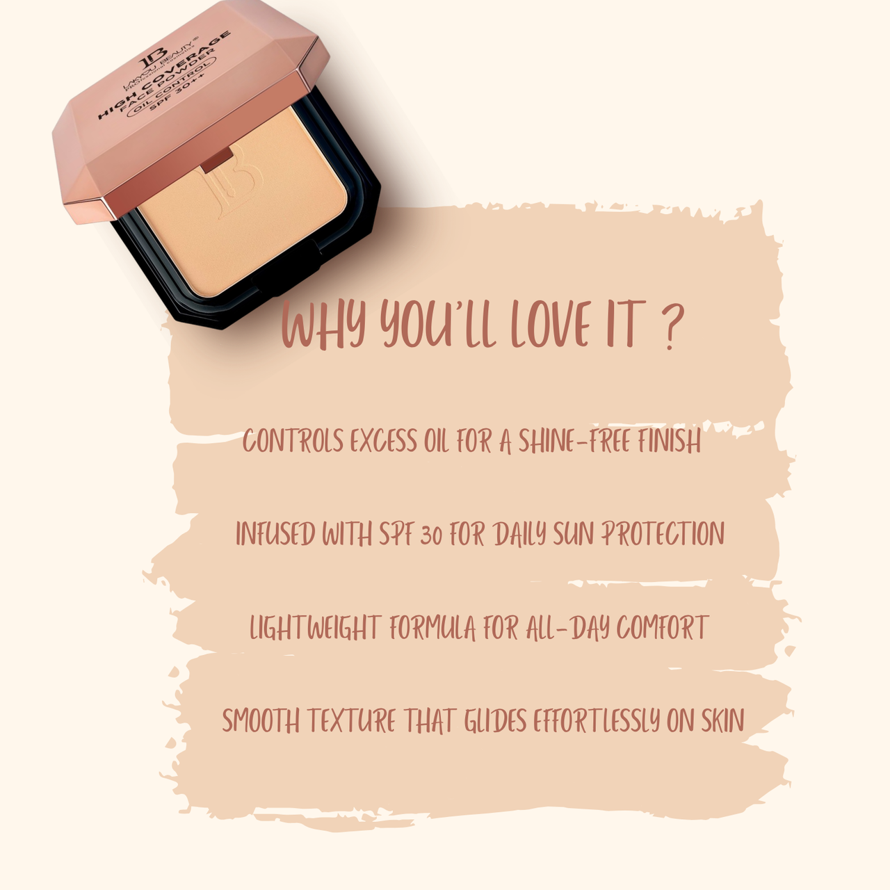 Cosmetic compact with text on a beige background