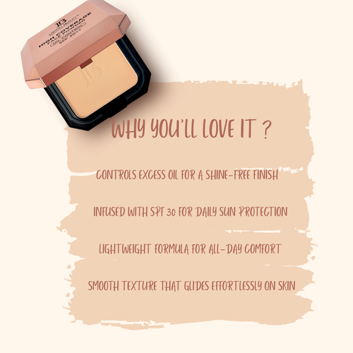 Cosmetic compact with text on a beige background
