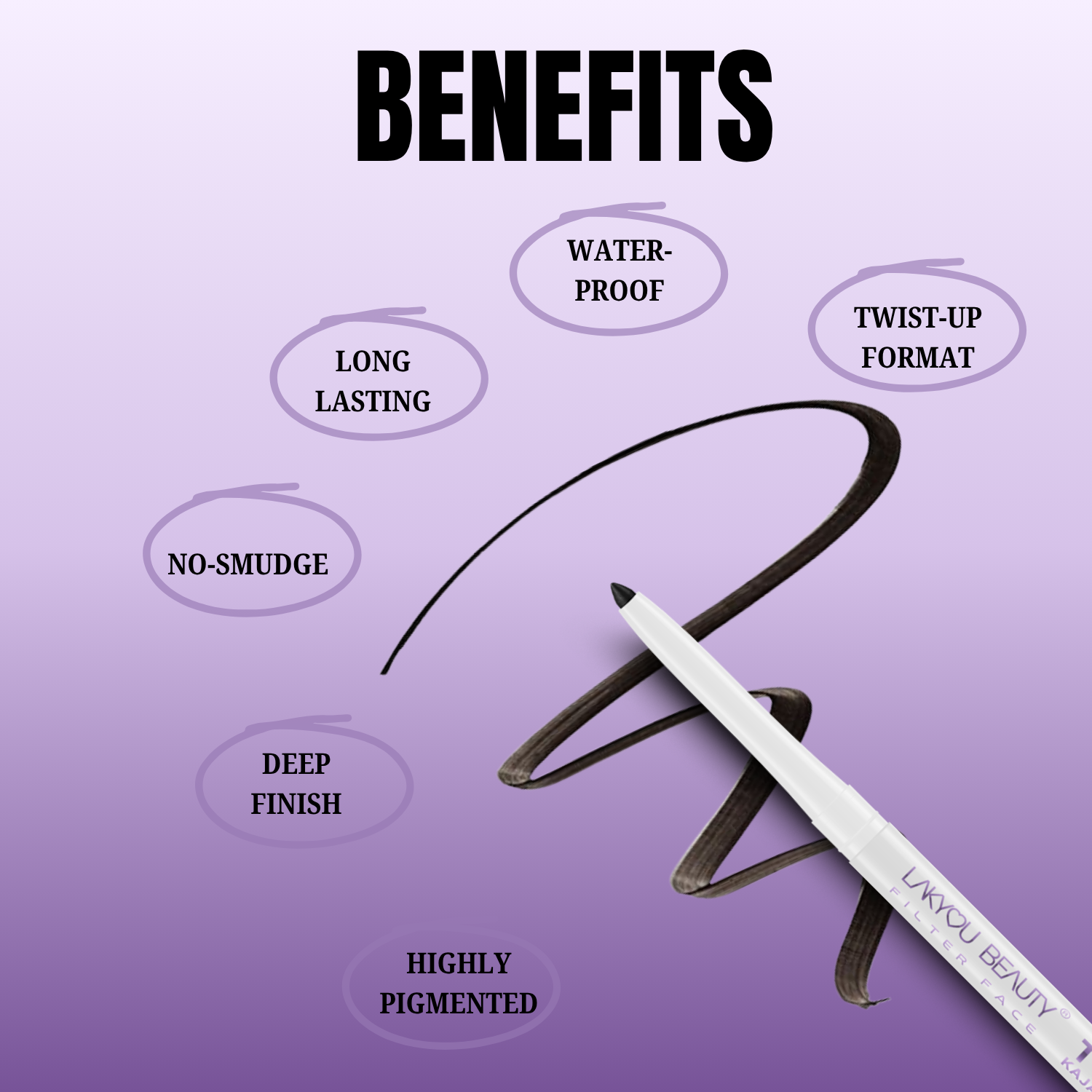 Makeup pencil with benefits listed on a purple background