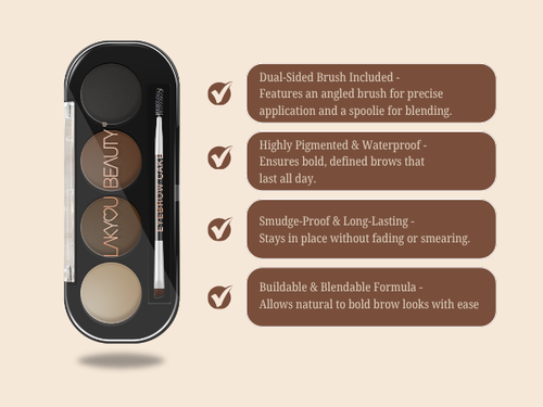 Eyebrow product set with brush and two shades on a beige background, featuring Beauty branding.