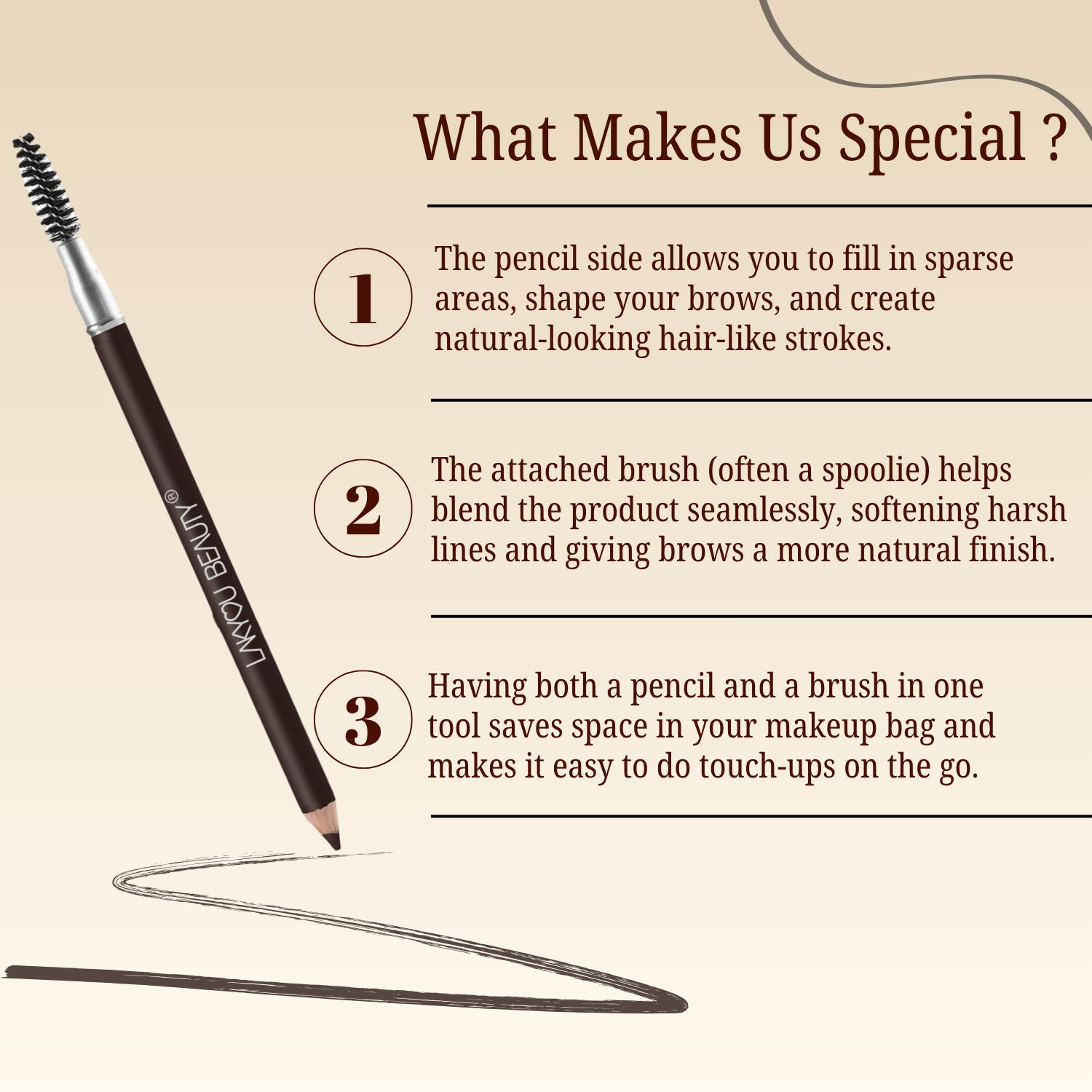 Brow pencil with text explaining its features on a beige background