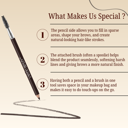Brow pencil with text explaining its features on a beige background