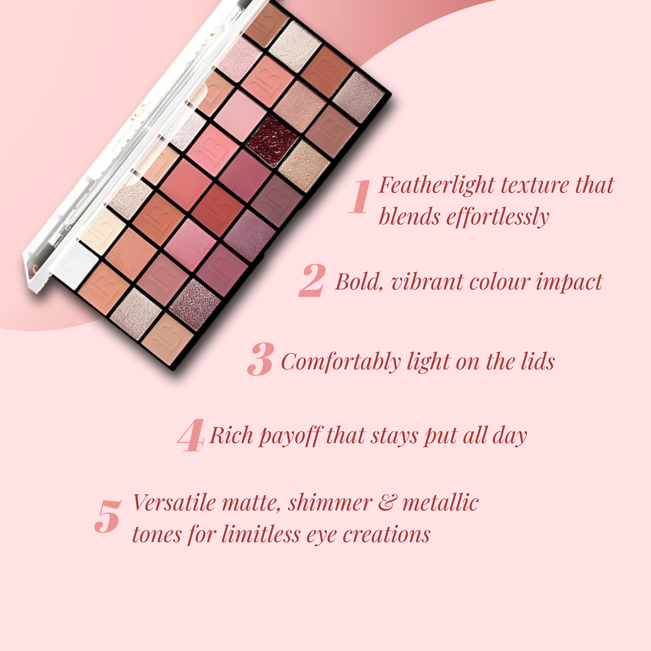 Makeup palette with color swatches on a pink background