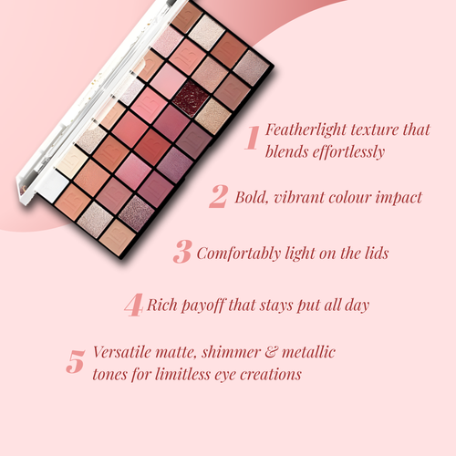 Makeup palette with color swatches on a pink background