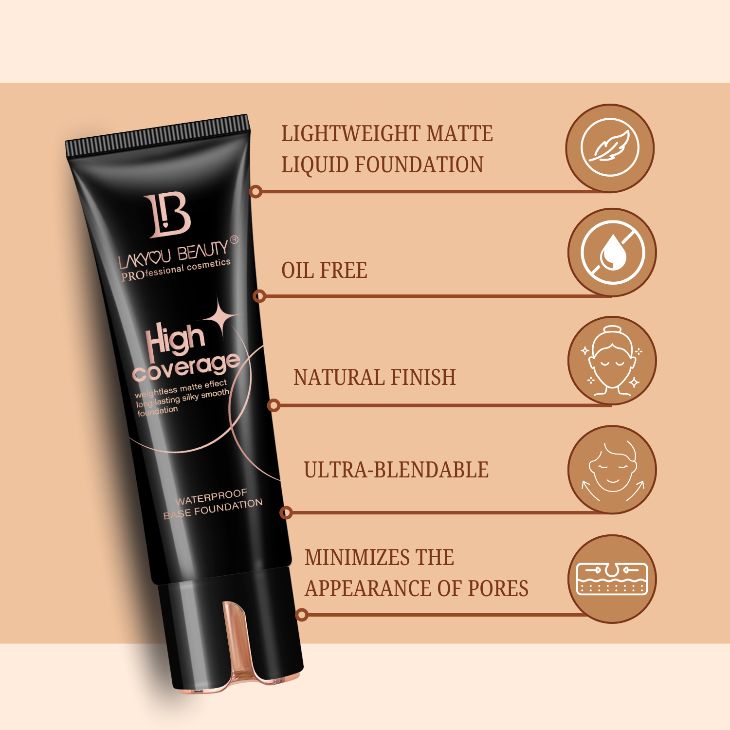 Lakye Beauty High Coverage foundation tube with product features on a beige background