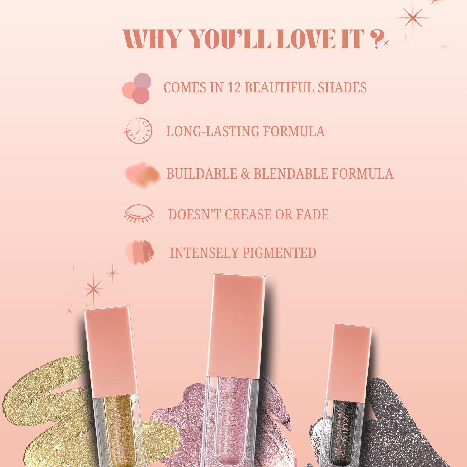 Lip gloss products with features listed on a pink background