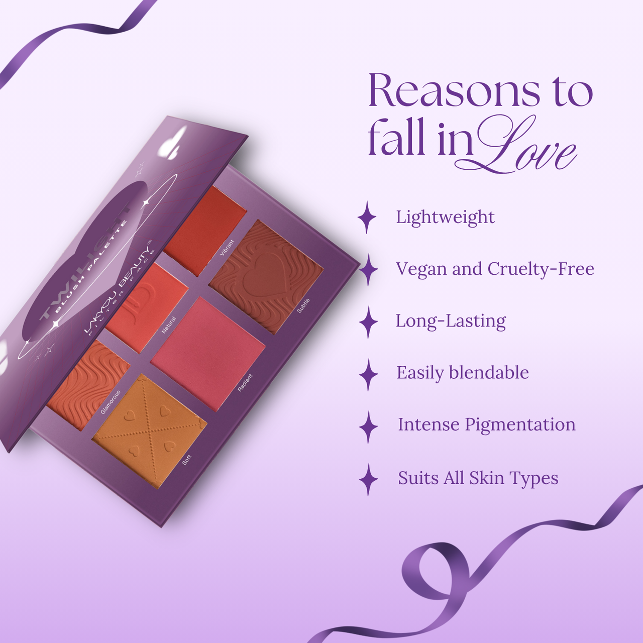 Makeup palette with colorful shades on a purple background, featuring text about product features.