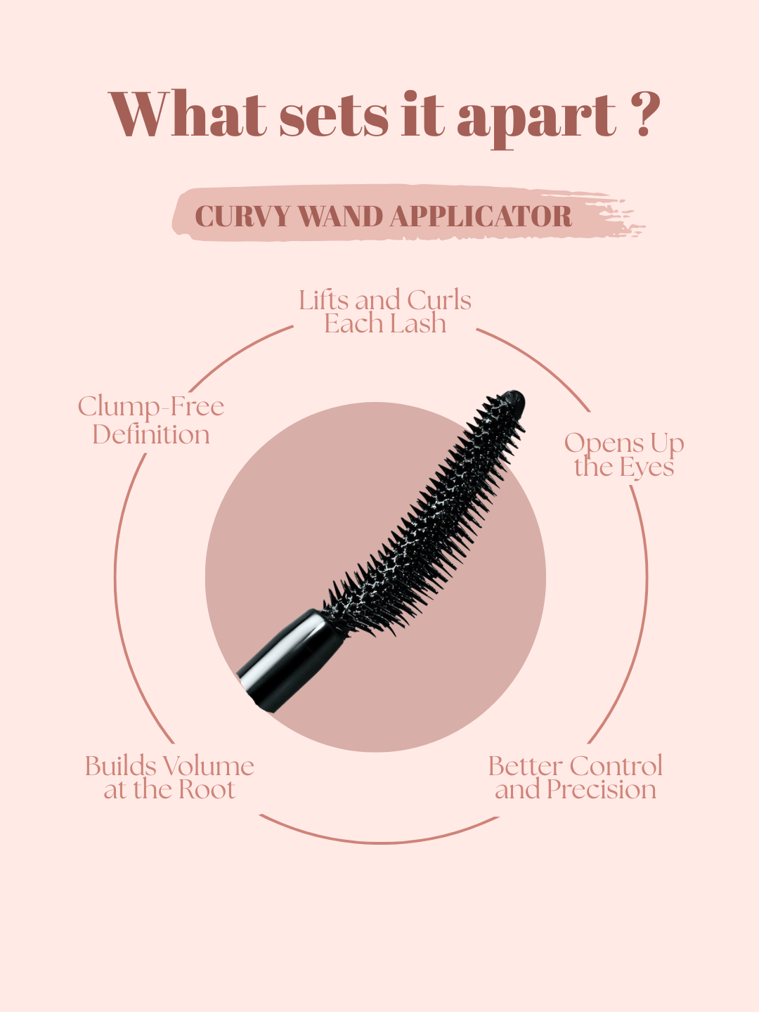Curvy wand applicator with features on a pink background
