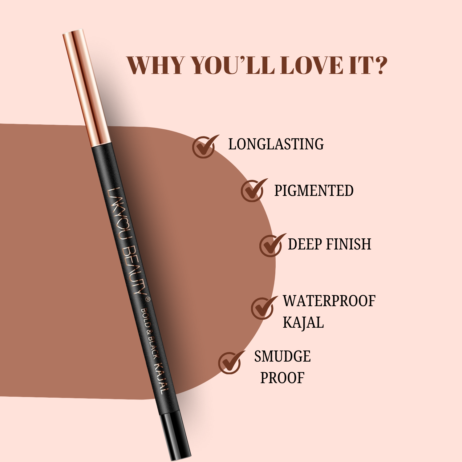 Eyeliner pencil with features listed on a pink background