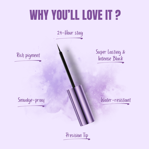 Lash pen with features listed on a purple background