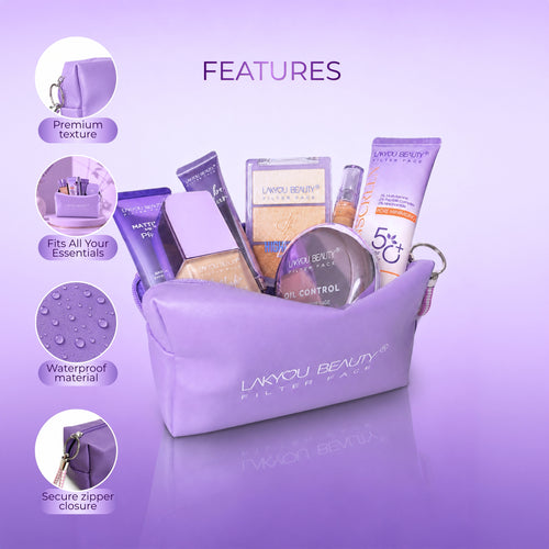 Purple cosmetic bag with beauty products and features listed on a purple background