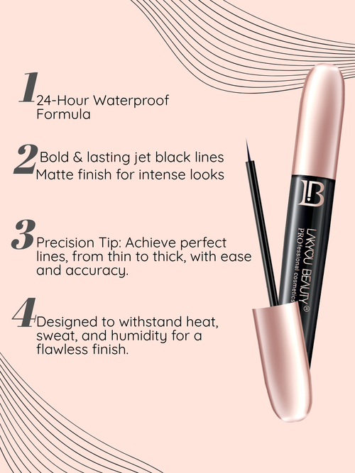 Eyeliner with product description on a pink background