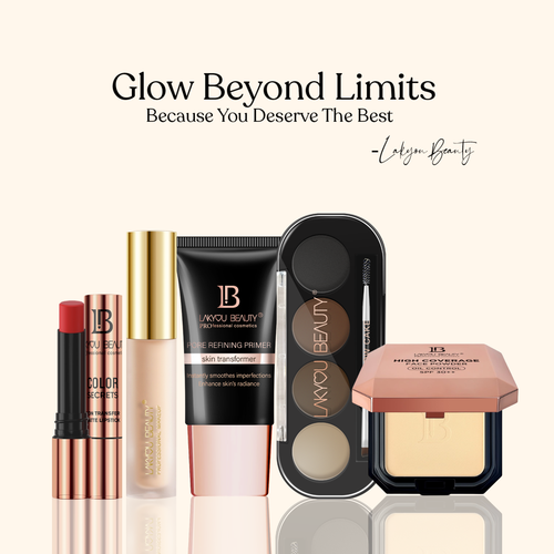 Makeup products including a lipstick, foundation stick, and compact on a white background with 'Lalique Beauty' branding.