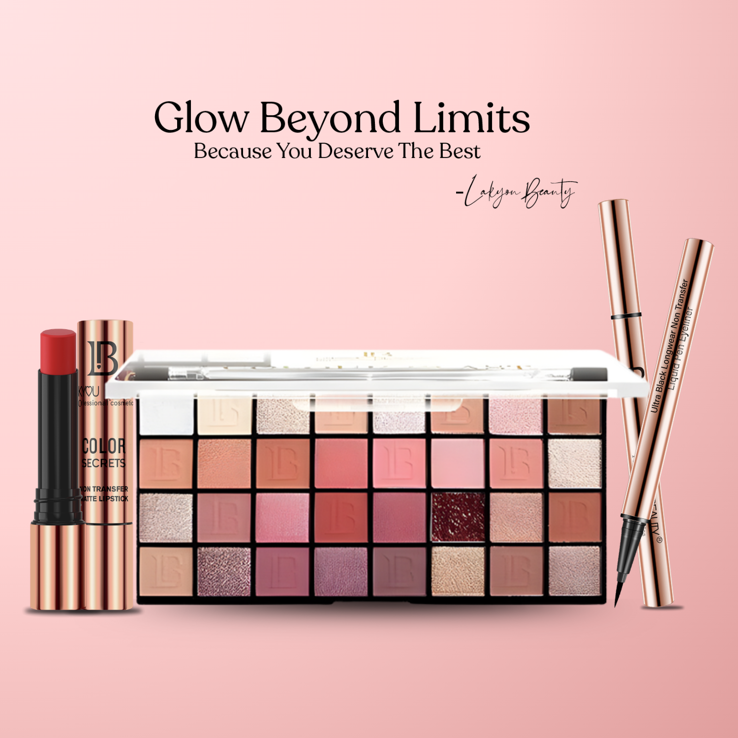 Makeup set with lipsticks, palette, and brushes on a pink background with 'Lalique Beauty' branding.