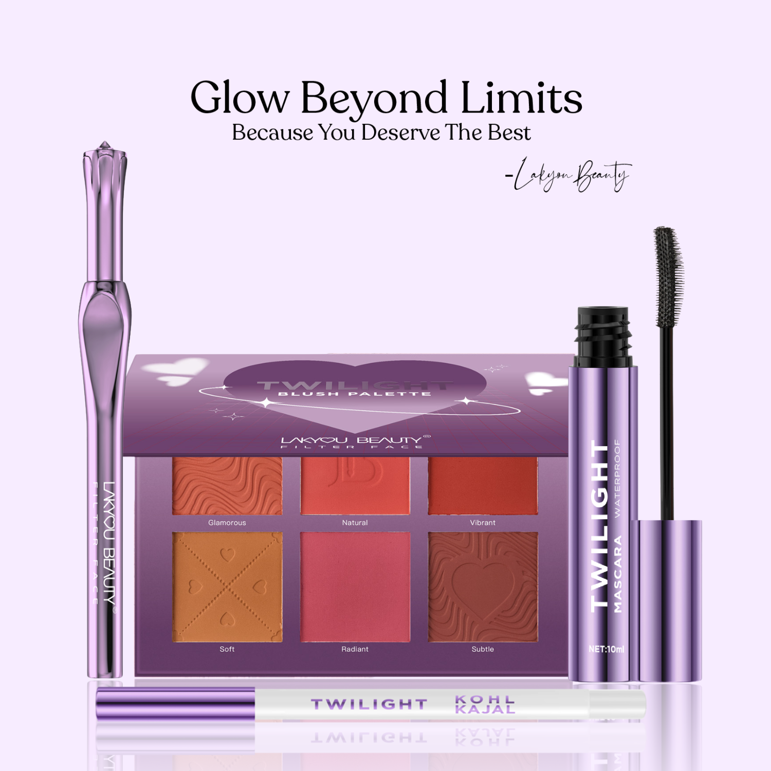 Makeup set with blush palette, brush, and mascara on a white background with 'Lakyou Beauty' branding.