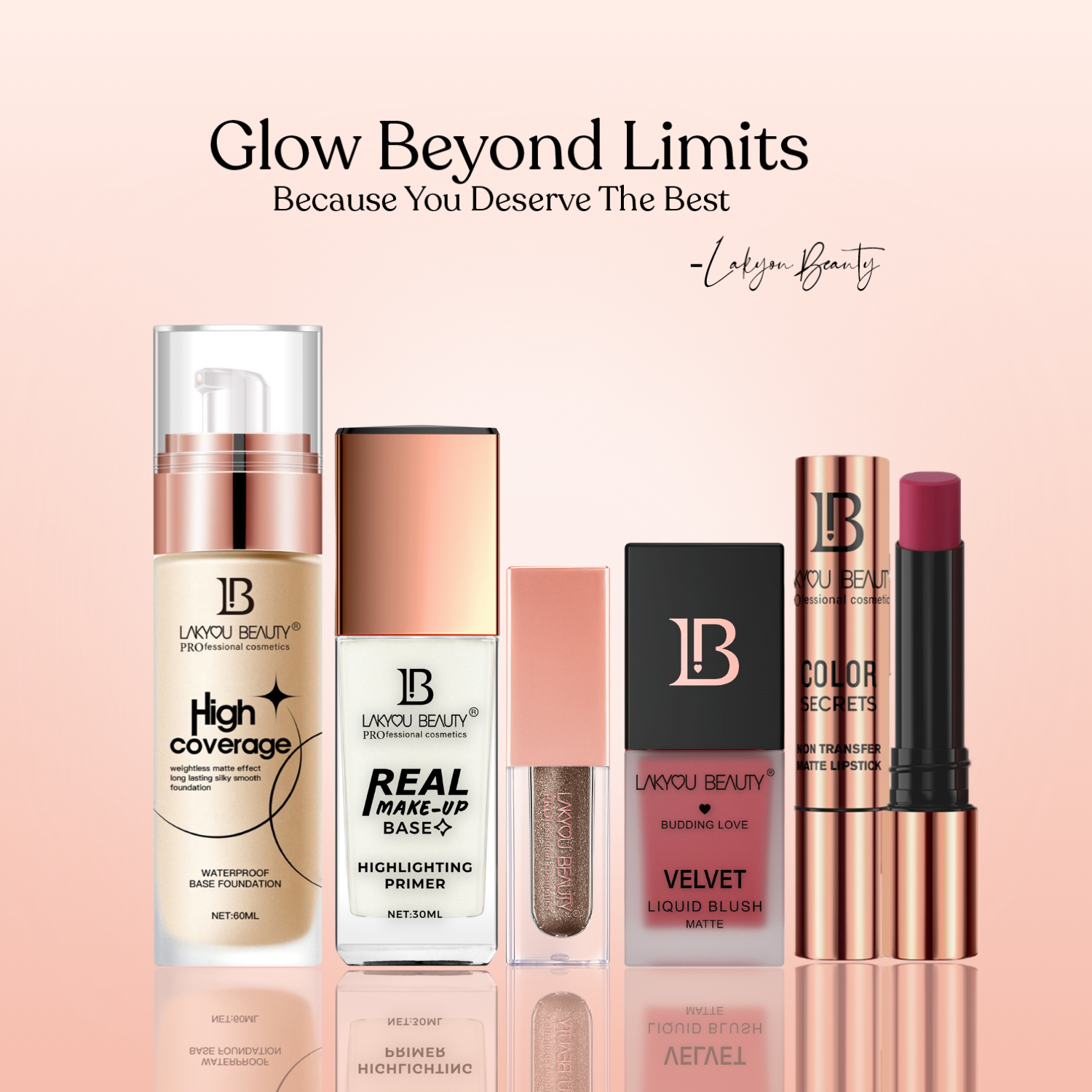 Makeup products with 'LaKYOU Beauty' branding on a pink background, featuring text 'Glow Beyond Limits'.