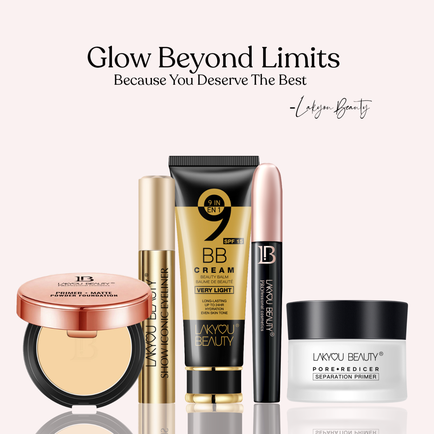 Lakyou Beauty product set with text 'Glow Beyond Limits' on a white background