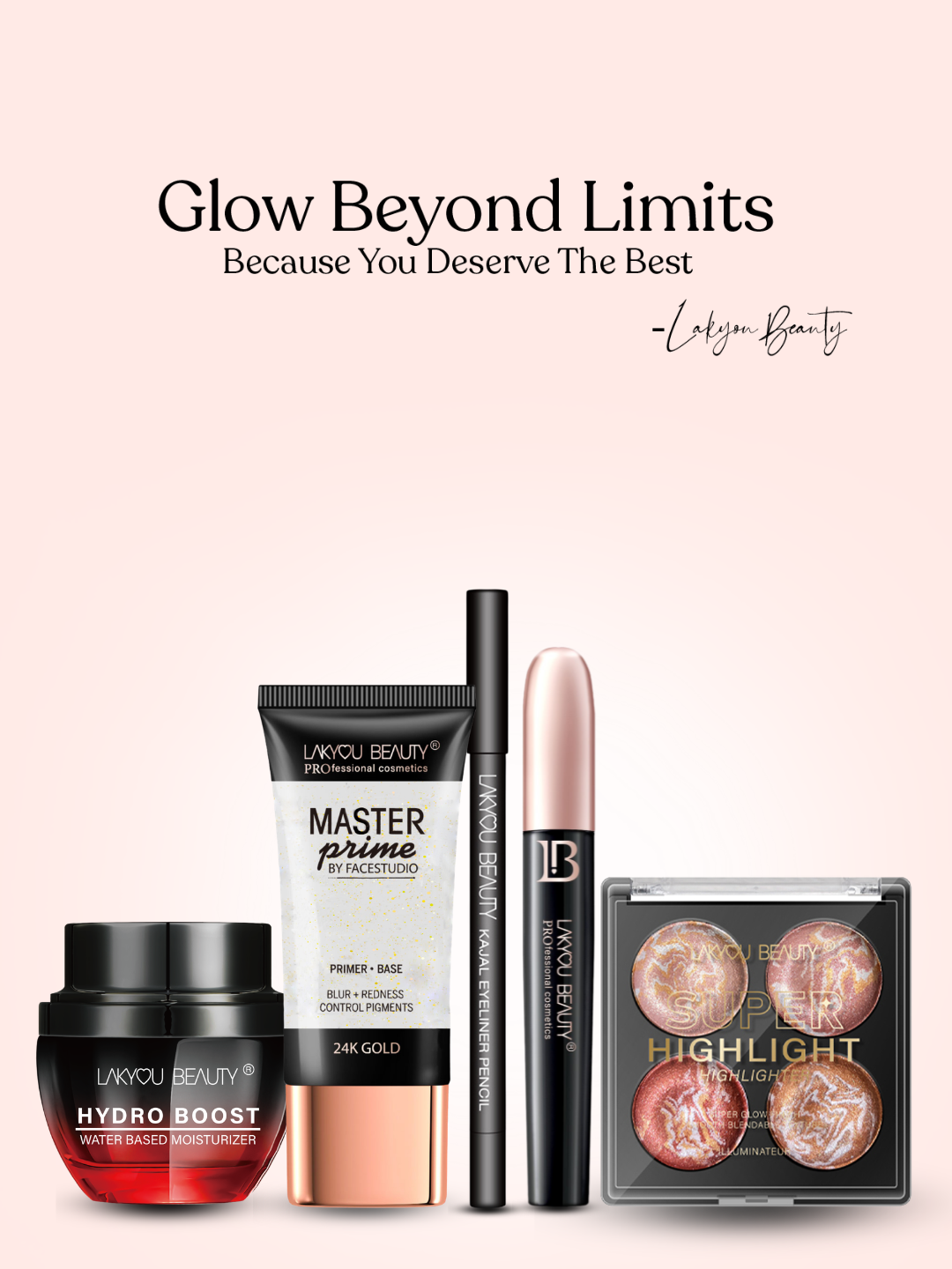 LakyouBeauty product set including cream, tube, and compact on a light pink background with text 'Glow Beyond Limits'.