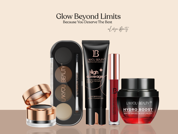 Lakyou Beauty makeup products including a compact, concealer, foundation stick, lipstick, and eye cream on a beige background.