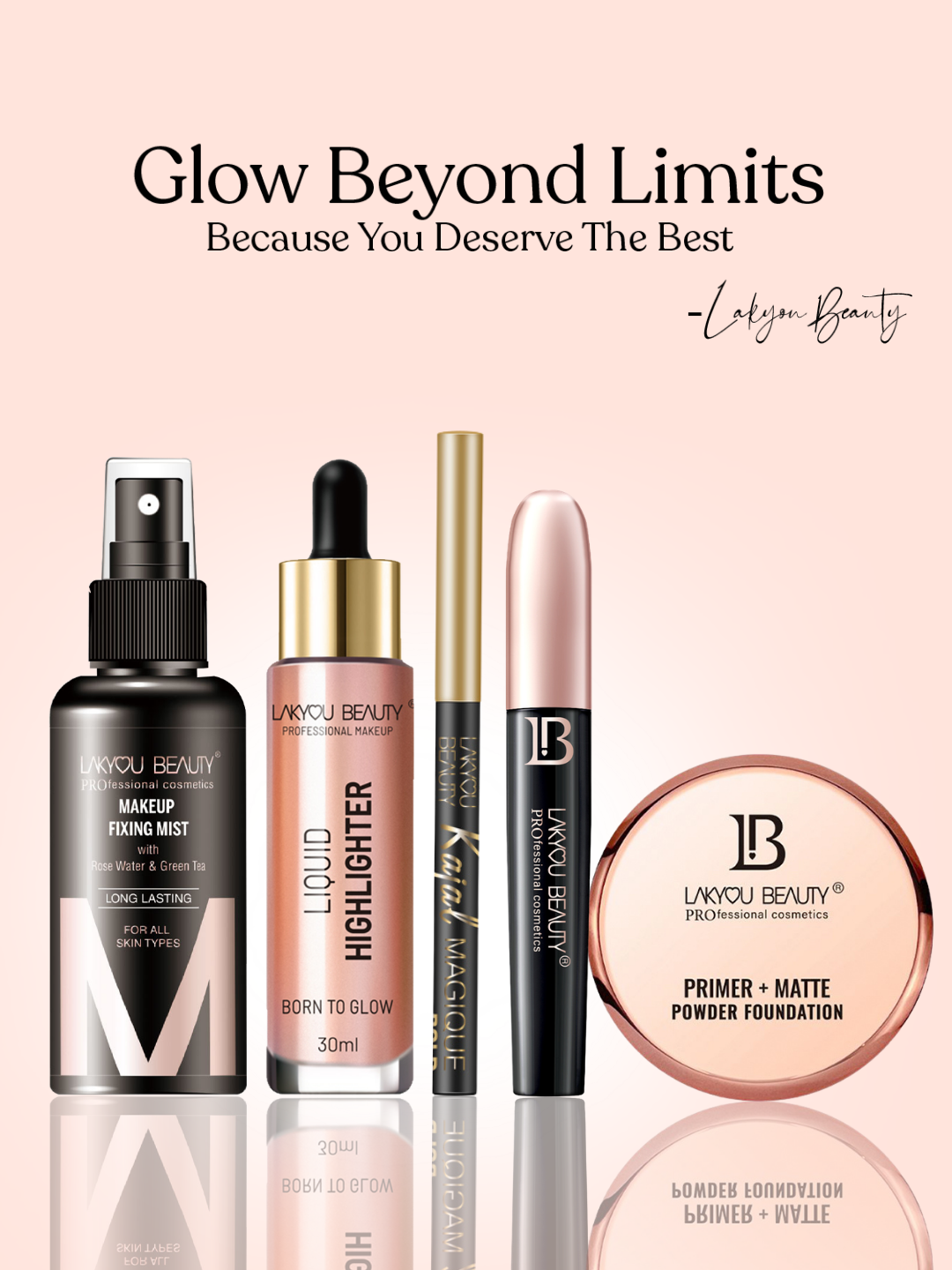 Lavyou Beauty product lineup with text 'Glow Beyond Limits' on a light pink background