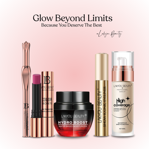 Lakyou Beauty product lineup with text 'Glow Beyond Limits' on a pink background