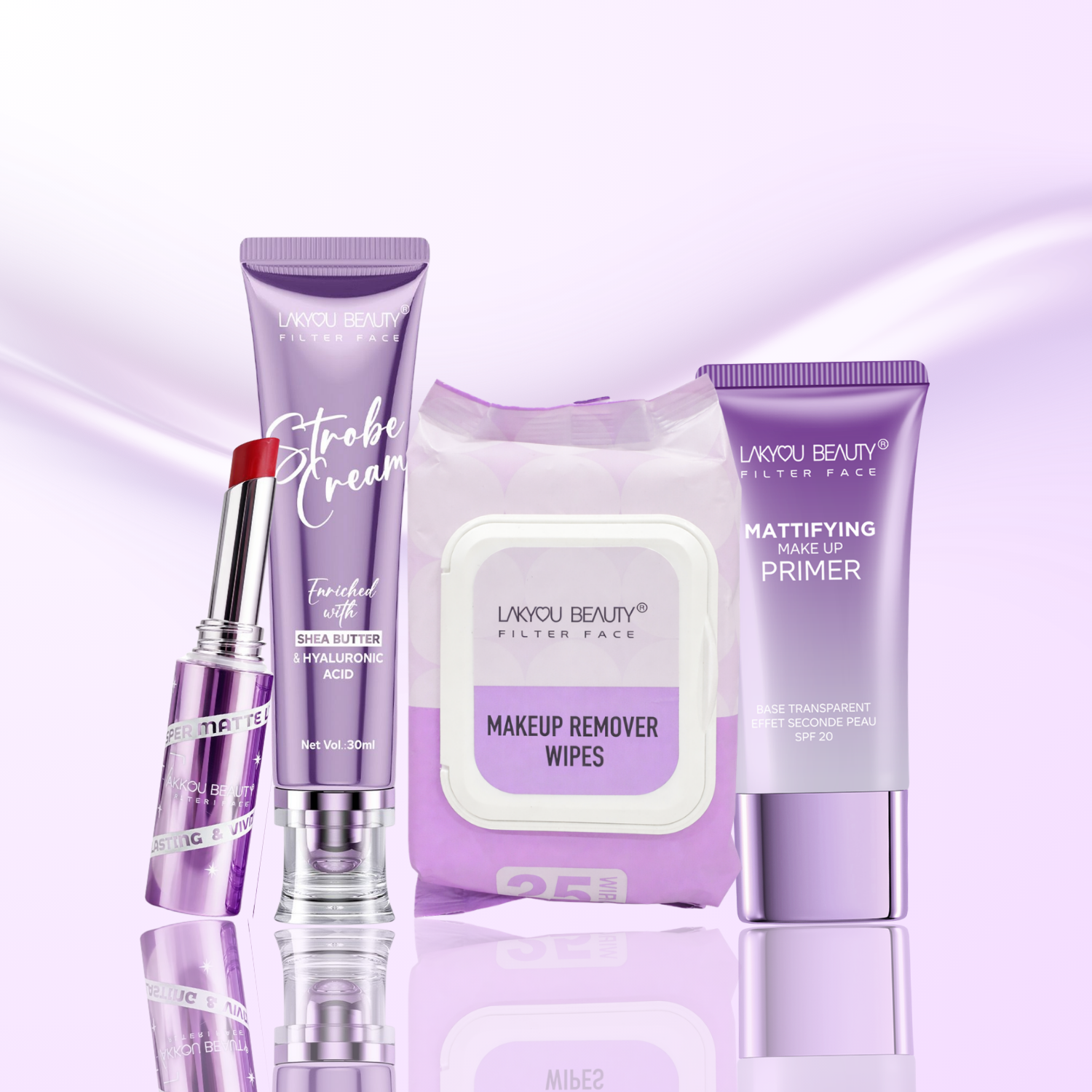 Set of Lakyou Beauty skincare products including a tube, stick, and wipes on a purple background.