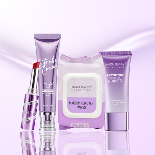Set of Lakyou Beauty skincare products including a tube, stick, and wipes on a purple background.