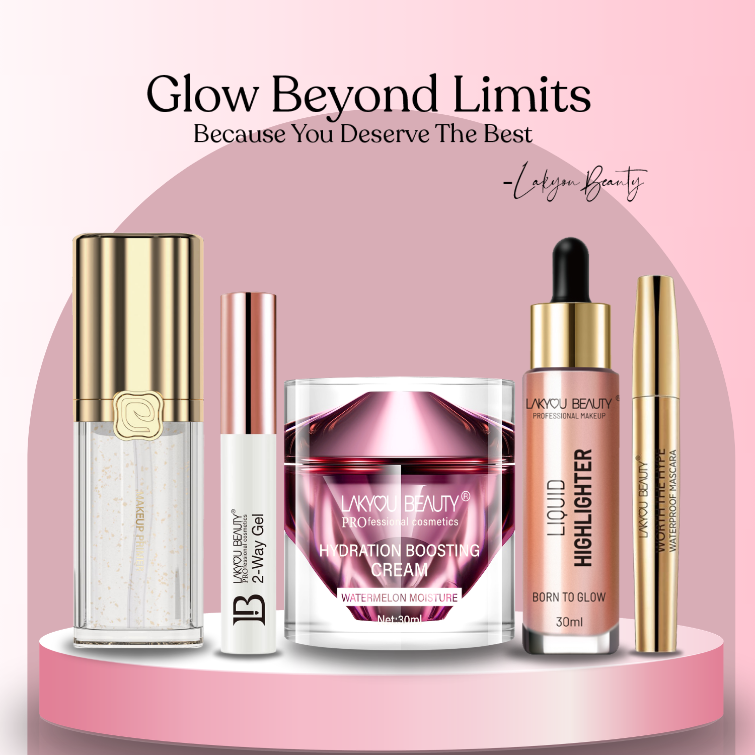 Lakyou Beauty skincare and makeup products on a pink platform with 'Glow Beyond Limits' text.