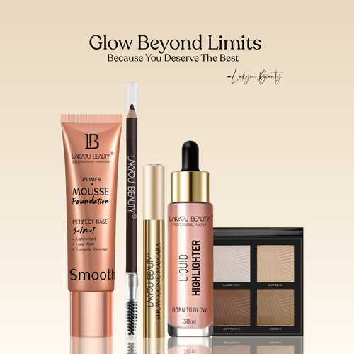 Makeup products with 'Lavyou Beauty' branding on a beige background