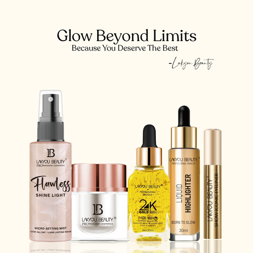 Lakyou Beauty skincare and makeup products with text 'Glow Beyond Limits' on a white background.